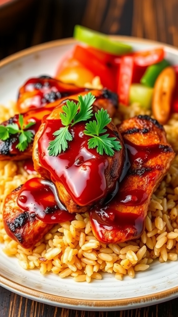 Grilled barbecue chicken served on spiced rice with parsley garnish.